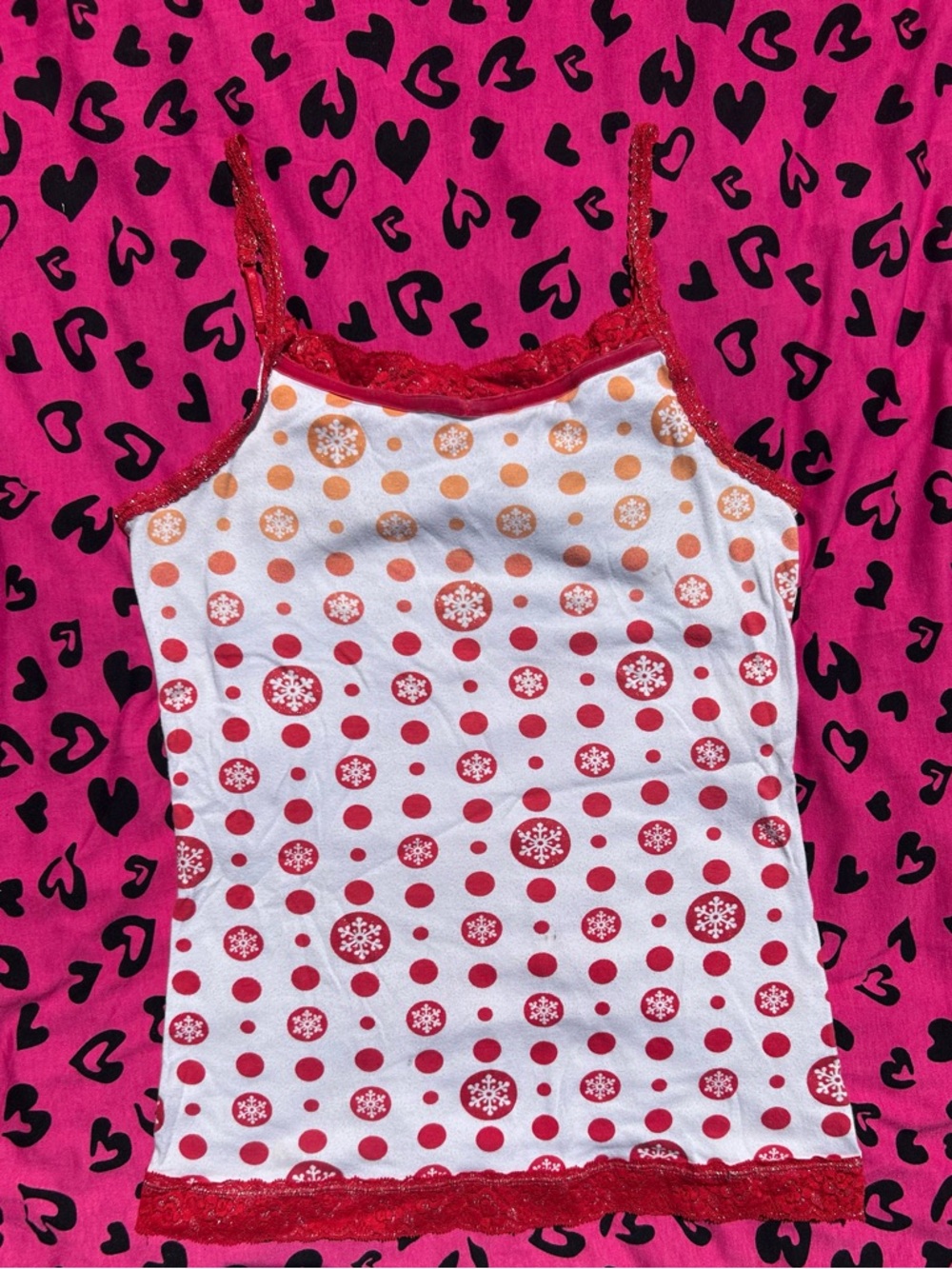 Justice White Cami with Red & Orange Dot Snowflake Print